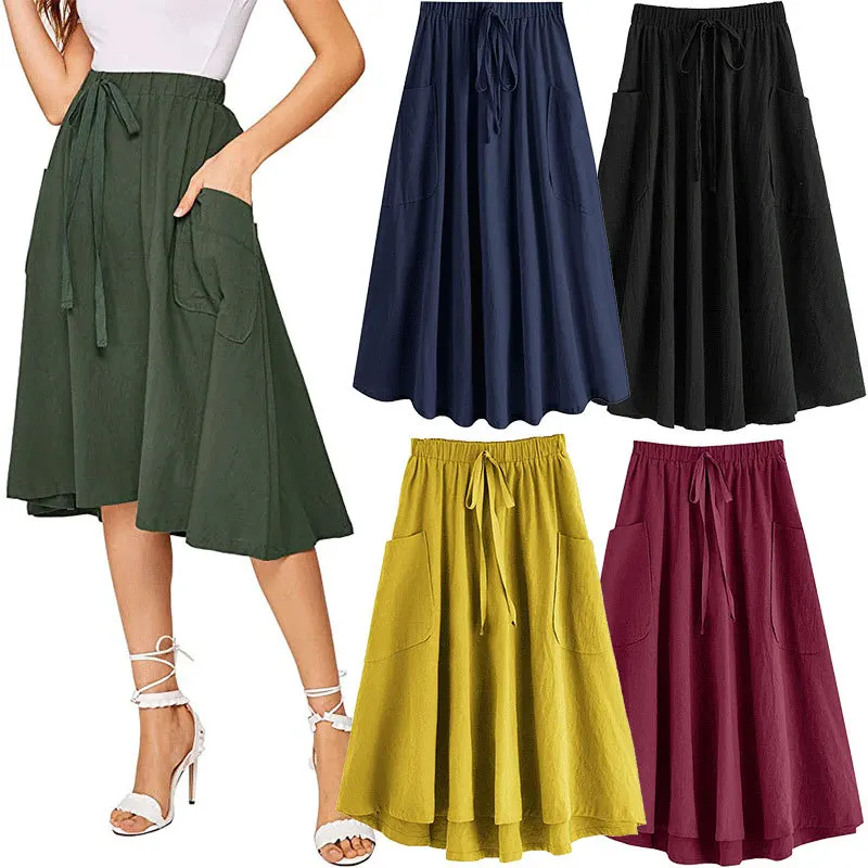 

Women's High Waist Long Skirt with Pocket, Korean Fashion, Solid Color, Big Swing, Ladies, Spring, Autumn, Wild