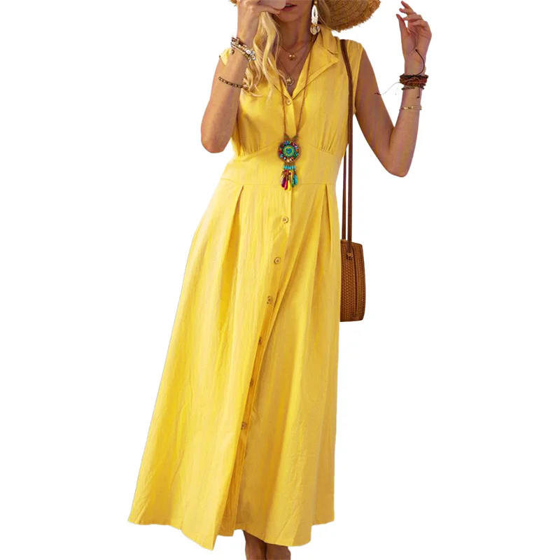 Beach Dress Women Solid Color Turn Down Collar Single Breasted Sleeveless A Line Long Dresses Vacation Party Dresses