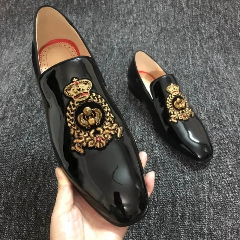 

LUXURY Black Patent Leather Men's Loafers With Manual Embroidery Patches Imported From India Slip-On Moccasins Red Soles Shoes