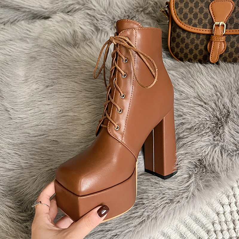 Quadratische Zehenpartie, hohe Plateau-Schnürung, einfarbig, sexy Damen-Stiefeletten, schwarze Lederstiefel, mattes Finish, Frühling und Herbst, neues High-End-Design, Runway-Modell-Stil, elegant, sexy, einfarbig, quadratischer Absatz, ultrastabil – Detail 25