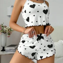 Women's Heart Print Relaxed Fit Summer Sleepwear Set with Backless Cami Top and Shorts - S (Black)
