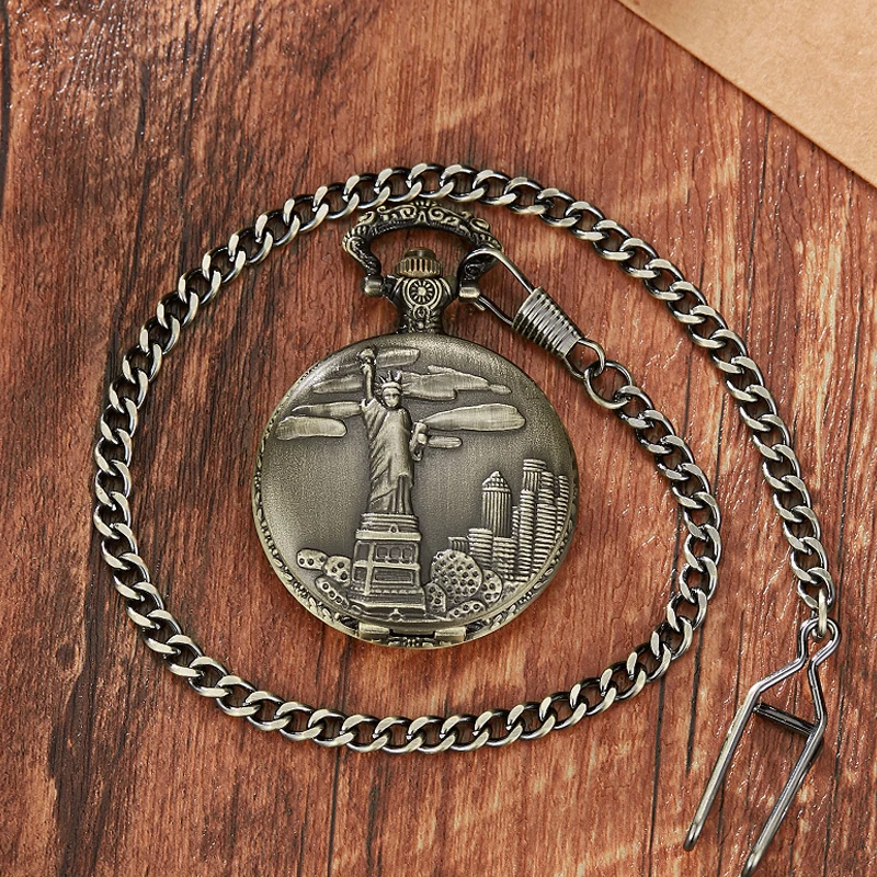 Statue of Liberty Steampunk Mechanical Hand-wind Pocket Watch Hollow Roman Dial Skeleton Clock FOB Waist Chain Pocket Watch Gift