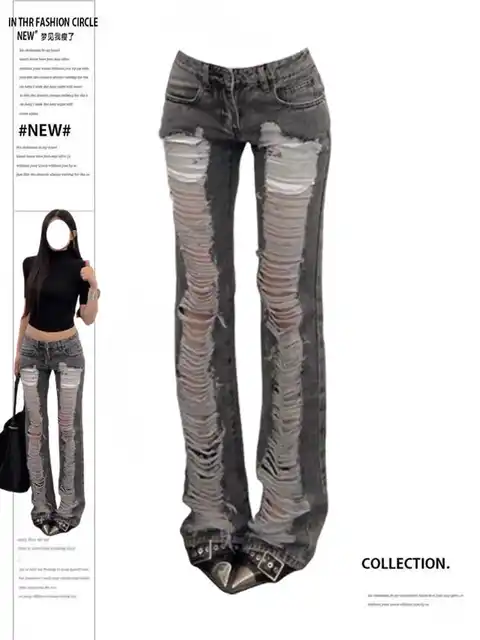 Jean slim déchiré gris pour femmes, pantalon en Denim Vintage Y2k Harajuku, Style japonais des années 2000, Emo, surdimensionné, pantalons longs, vêtements 1