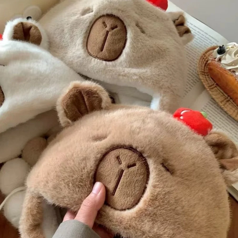 Cartoon Capybara Fluffy Warm Hat Women Winter Ear Protection Cap Pullover Hat Outdoor Sports Windproof Bear Cap Beanie Hat