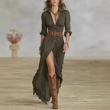 Women Western Boho White Shirt Maxi Dress Long Sleeve Button Down Ruched High Slit Flowy Dress Cowgirl Vintage Casual Party Robe