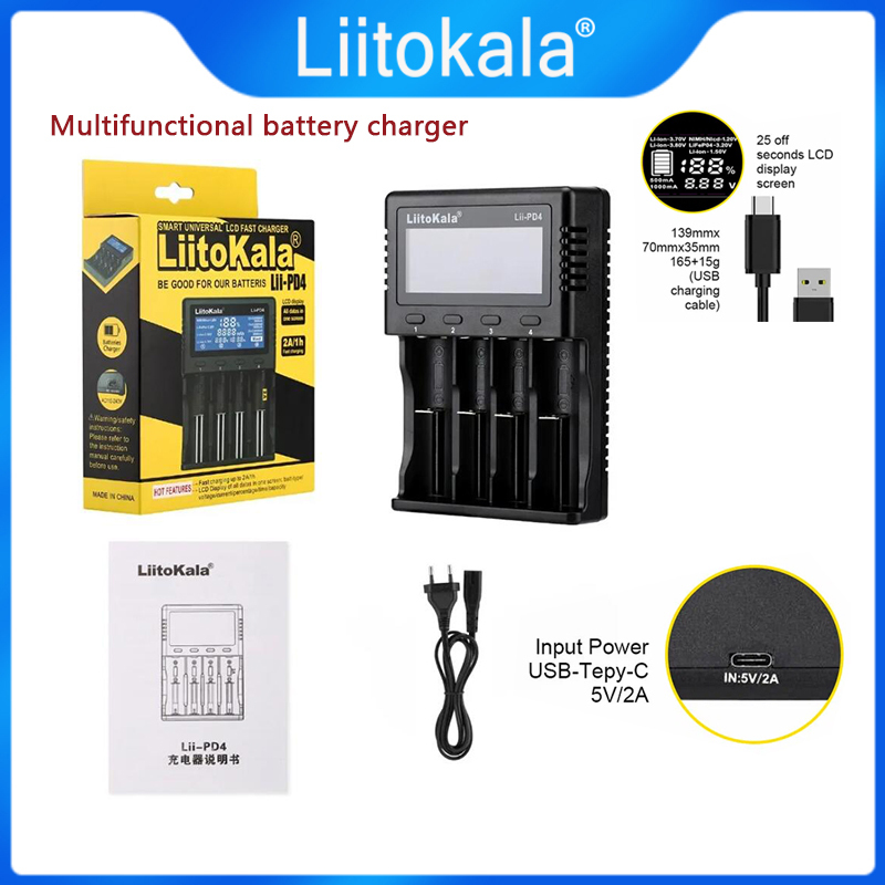 New LiitoKala Lii-PD4 Battery Charger for 18650 26650 21700 AA AAA 3.7V/3.2V/1.2V Lithium NiMH battery US/EU/UK Plug