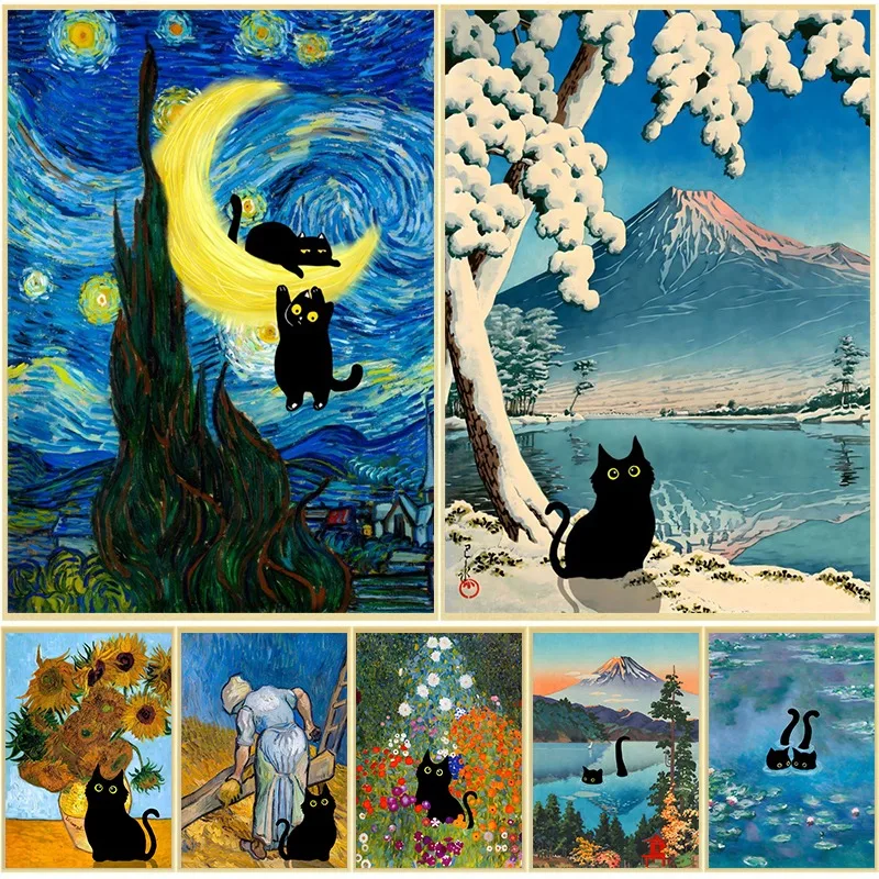 Van Gogh & Monet Inspired Cat Canvas: Starry Night and Sunflowers Wall Art