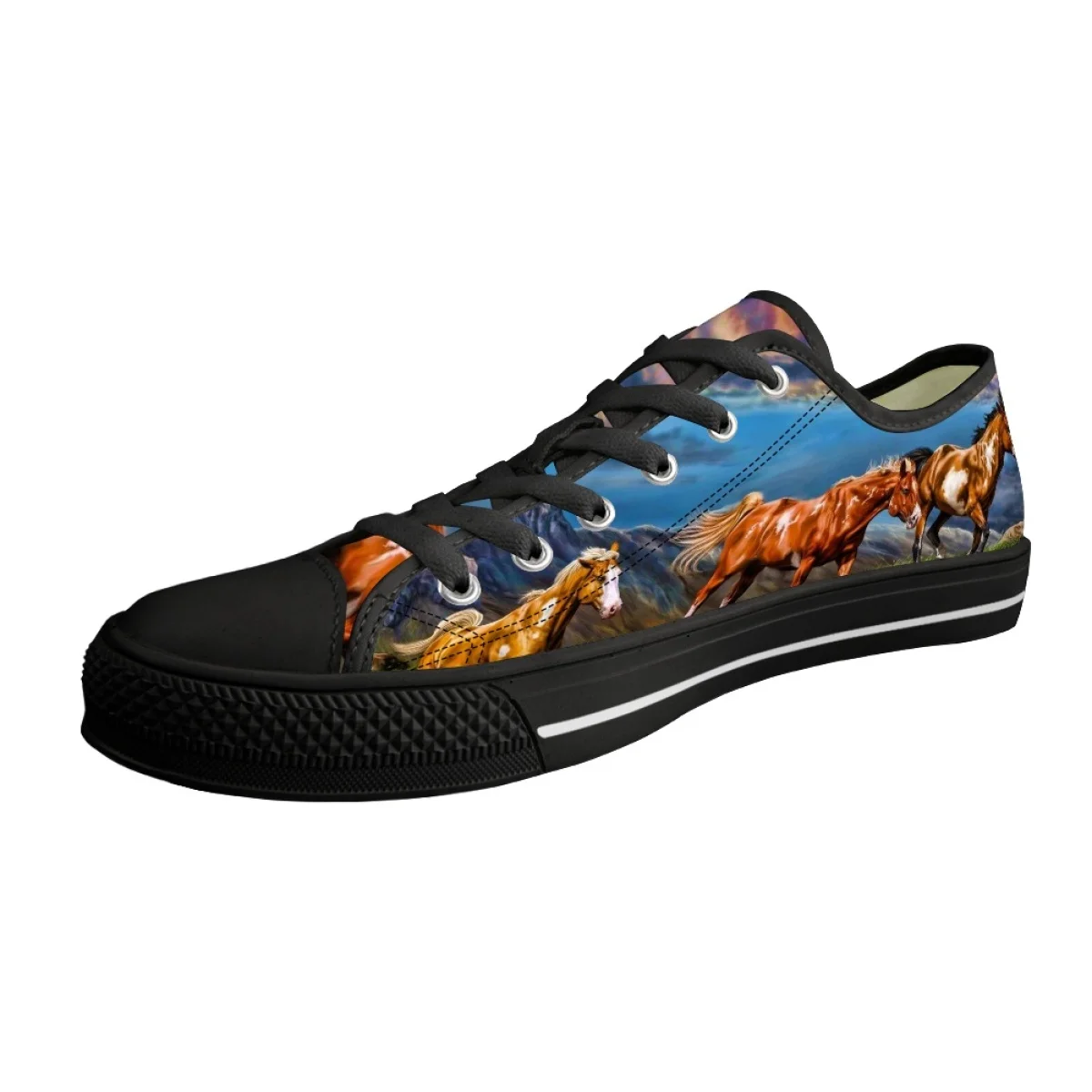 Summer Autumn New Sneakers For Ladies Casual Flat Shoes Hot Running Horse Art Pattern Print Classic Lace Up Low Top Canvas Shoes
