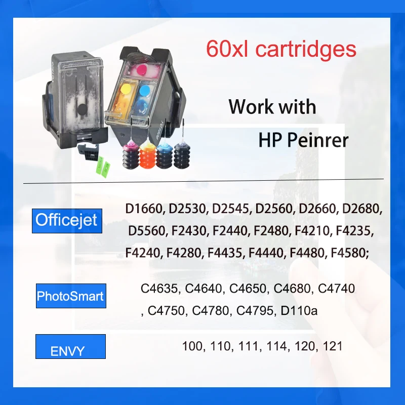 60XL 60 XL Color Ink Cartridge Compaitble For Envy 100 110 120 Photosmart C4680 C4780 C4795 D110 Deskjet D2680 F2430 F4280 F4440 F4480 F4580 Printer 1