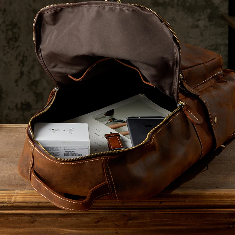 Handmade Vintage Genuine Leather Backpack Casual Large Capacity Retro Cowhide Leather School Bag Men Travel Camping Rucksack