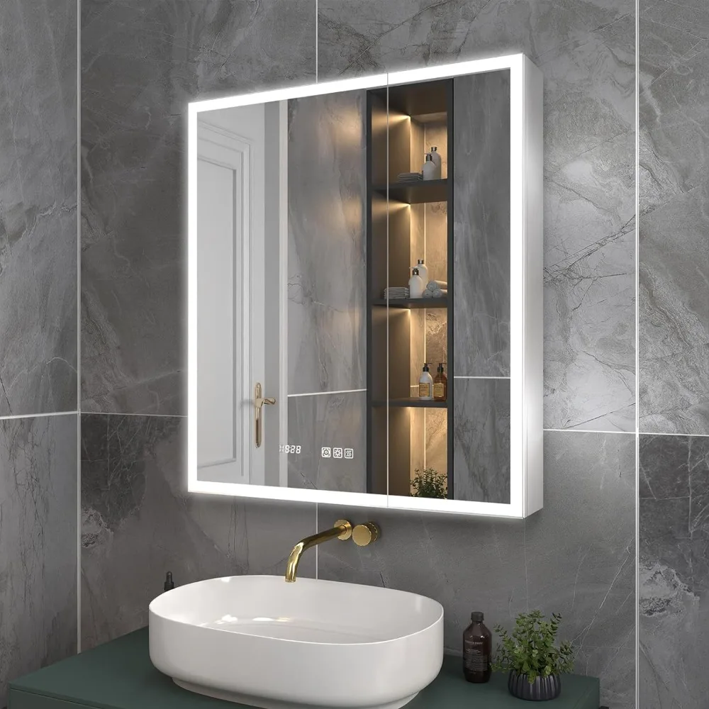 Lighted Medicine Cabinet 28x32 Inch,Recessed or Surface led Medicine Cabinet, Clock&Room Temp Display