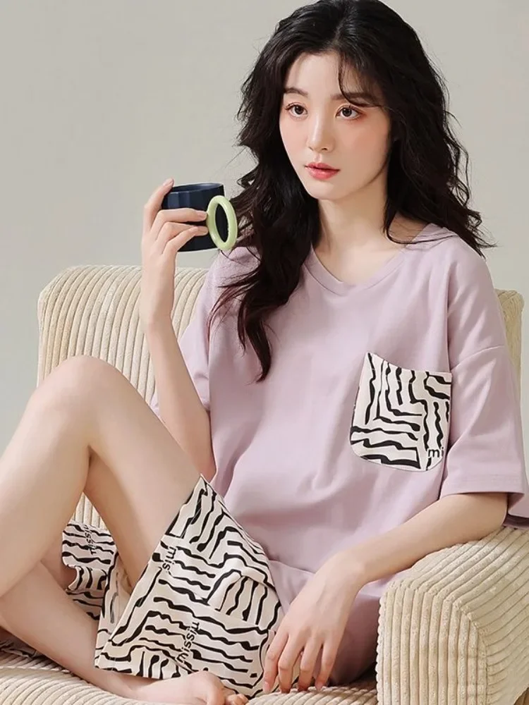 Pajamas Female Summer Models New Cotton Short-sleeved Shorts Set Summer Zebra Print Loose Can Be Worn Outside Homewear Sleepwear