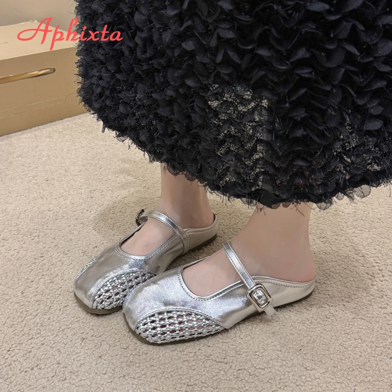 Aphixta Weave Design Women Classic Slides Silver Flat With Slippers For Women Slip On Sandals Outdoor Fashion Woman Mules Size43