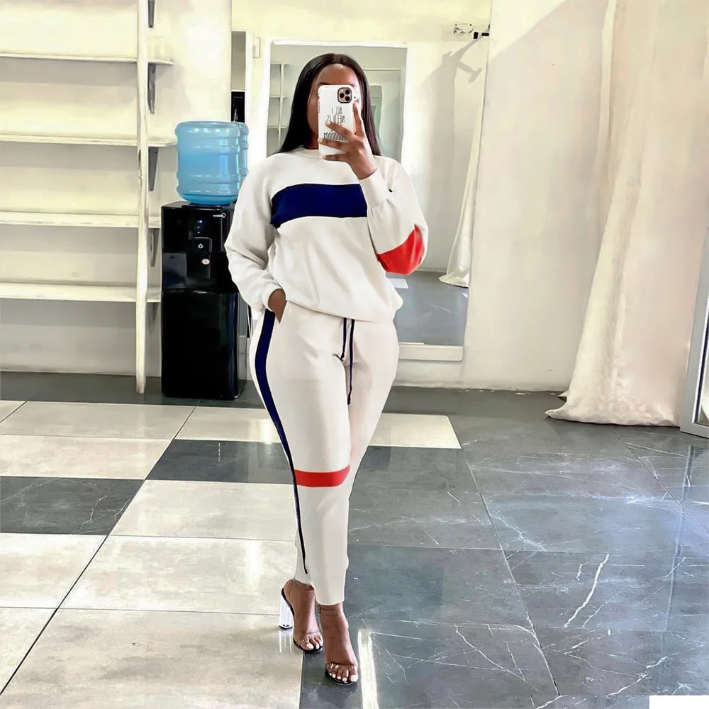 

Women's Sports Splicing Stripe Tracksuit Soild Long Sleeve Pullover And Pants Two Piece Set Women Fashion Suit Outfits