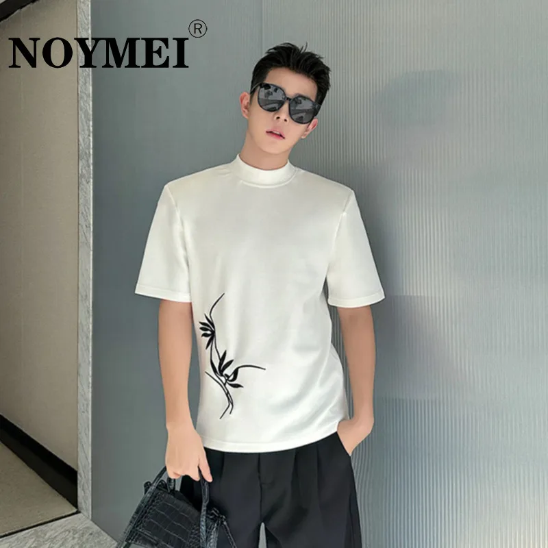 

NOYMEI Chinese Style Turtleneck Short Sleeve Embroider Slim Men's Fashion T-shirt All-match Contrast Color Male Top WA4096