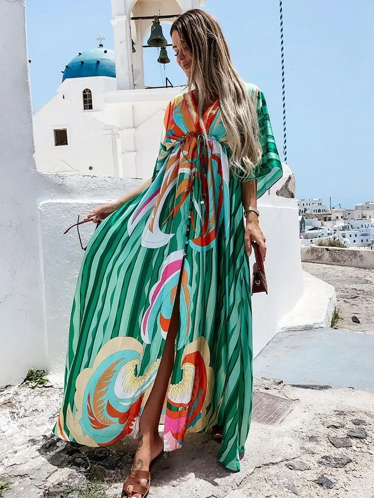 Bikini Cover-ups Boho Print Long Dress Self Belted Beach Tunic Summer Women Beach Wear Swim Suit Cover Up beach cover swimsuit cover