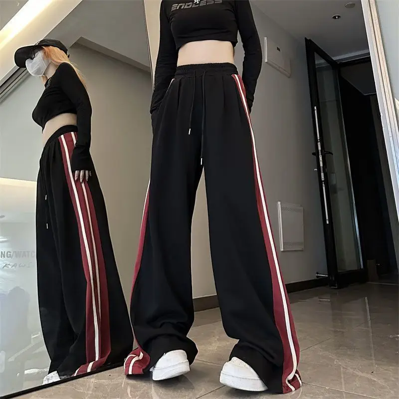 Summer High Street American Casual Pants Women Korean Version Loose Fitting Stripe Print Drawstring Patchwork Pockets Trousers