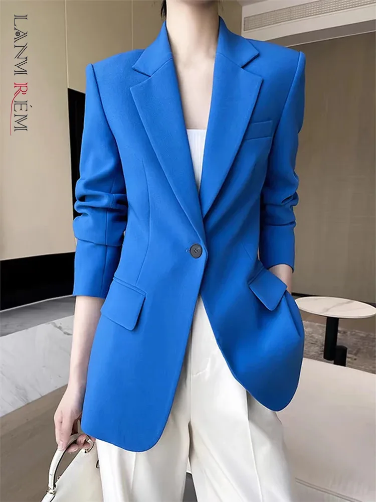 

[LANMREM] Office Lady Single Button Gathered Waist Blazers For Women Blue Fit Jackets Fashion Coats 2024 Spring New 26D9076