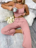 Nouvel ensemble de pyjama deux pièces pour femme avec bordure en dentelle de couleur unie, sexy, coupe ajustée, bretelles et pantalon, pyjama doux et confortable 3