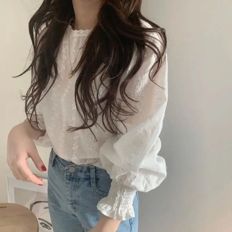 Blusa de mujer, moda Y2K, ropa de color sólido con ribete de encaje, camisa de manga larga abullonada, top de los años 2000, ropa estética urbana