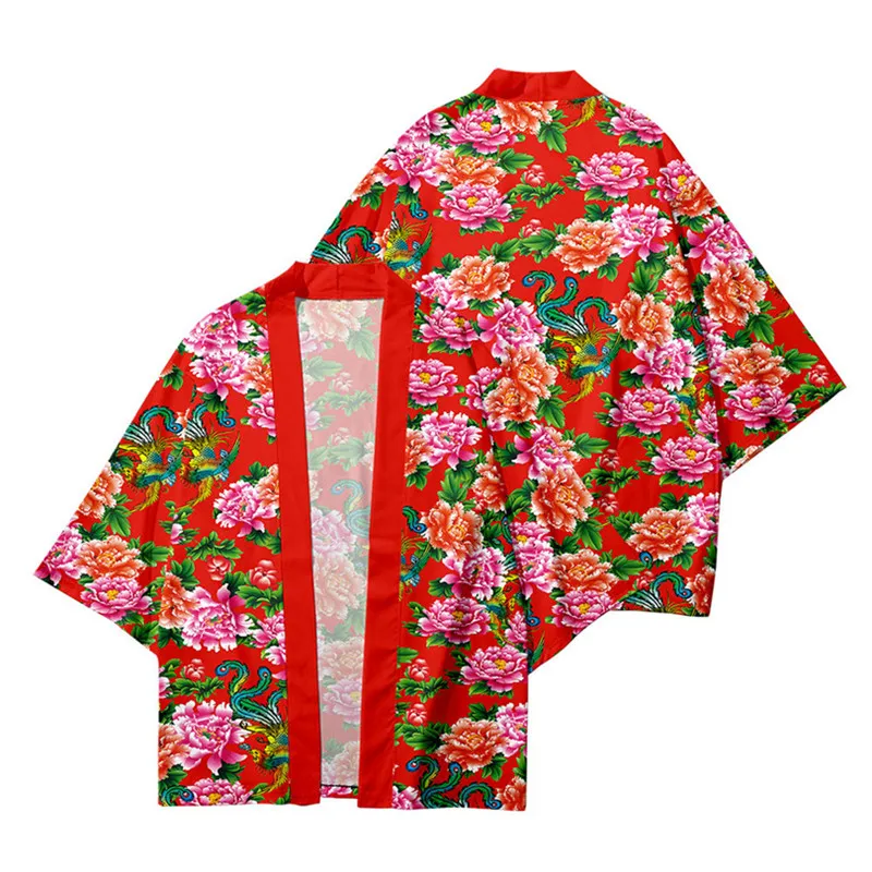 Large Size 5XL 6XL Japanese Kimono Cardigan Flowers Print Men Women Shirt Tradition Yukata Haori Obi Cosplay Costume