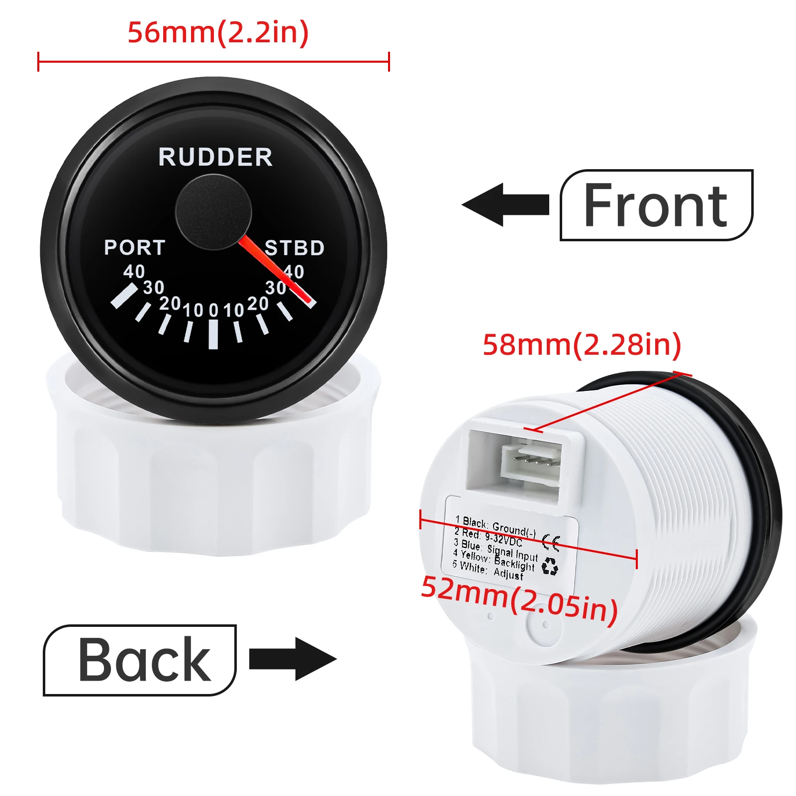 ZMFJH PORT-STBD 52mm 방향타 각도 표시기 (7색 조명 포함) 보트 해양 방향타 각도 표시 미터 0-190옴 12V 24V