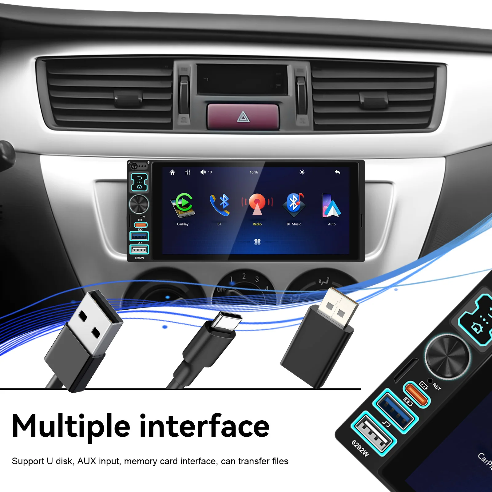 Podofo Reproductor Multimedia para Auto con Pantalla Táctil HD de 6.8” 6.9” 1DIN, Carplay Inalámbrico/Carplay con Cable, Android Auto Universal, Reproductor MP5 para Auto, Radio FM BT, Tipo-C/USB, Cámara de Visión Trasera, Autoradio 6