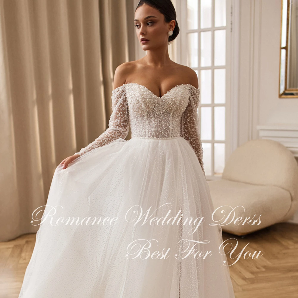 Modern Off The Shoulder Beading A-Line Wedding Dress 2026 V-Neck Pleat Side Slit Lace Open Back Vestidos De Novia Customized
