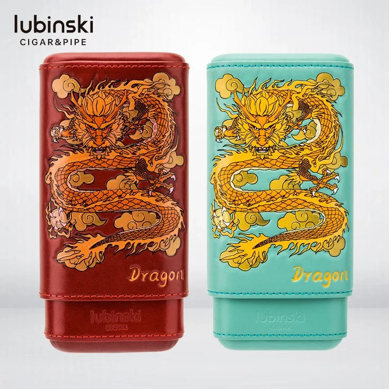 

LUBINSKI Year of The Dragon Totem Cigar Case Three-piece Portable Cowhide Cedar Wooden Cigar Case Box Cigar Accessories