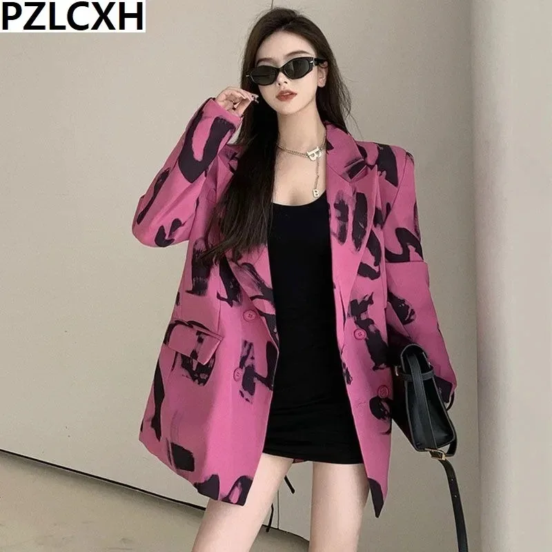 2023 New Small Suit Woman Spring Autumn Hong Kong Wind High-grade Sense of Long Relaxed Casual Fashion Letter Printed Coat Tide