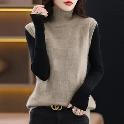 2023 Cashmere Vest Women New High Neck 100% Mink Wool Vest Autumn and Winter Knitted Loose Sleeveless Women's Pullover Sweater