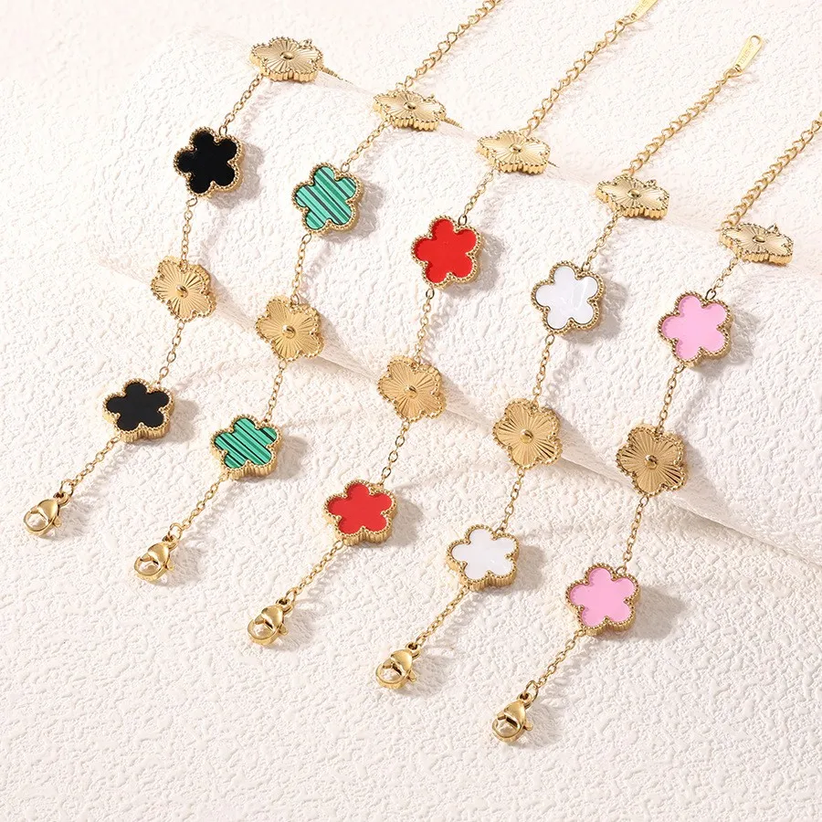 Stainless Steel Bracelet 1 piece stainless steel zircon mother of pearl five leaf flower bracelet women simple fashionable gift