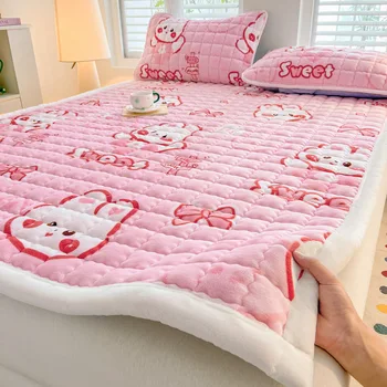 Foldable Thick Warm Milk Fleece Mattress Pad Single Size Soft Plush Mattress Topper for Winter Non-Slip Dorm Bedding Bed Sheets