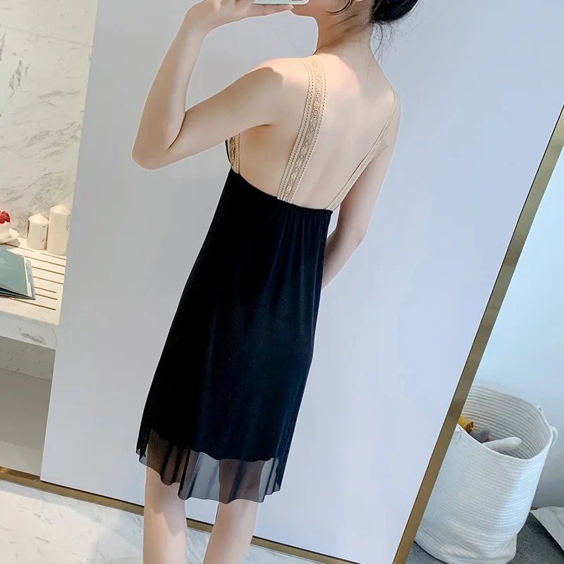 The new mesh midi skirt is a homely style with a champagne-colored lace two-piece nightdress with chest pads