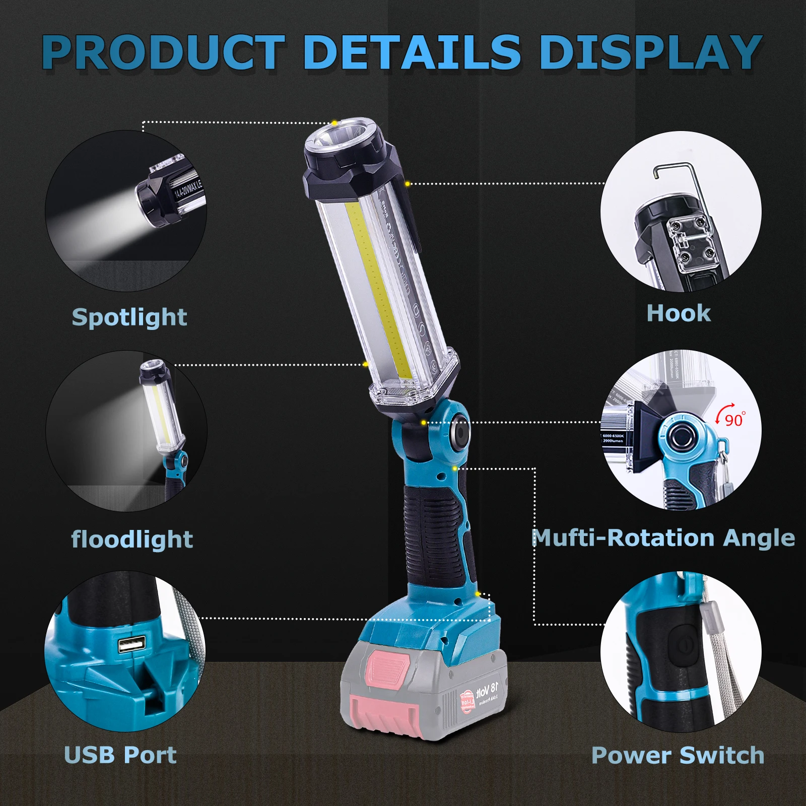 LED Work Light LED Flashlight Work Light for Bosch 14.4V-18V Lithium Battery 2000LM