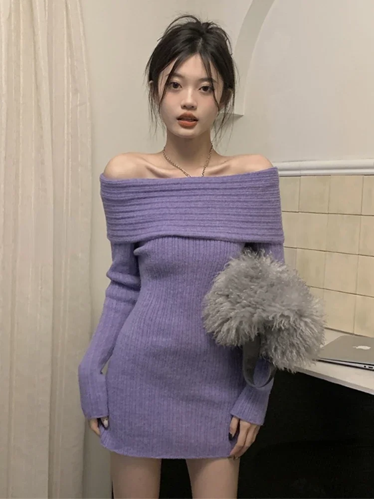 

Women Sexy Y2k Off Shoulder Long Sleeve Sweater Dress Women Elegant Bodycon Pencil Dresses Candy Color Cute Elegant Knit Vestido