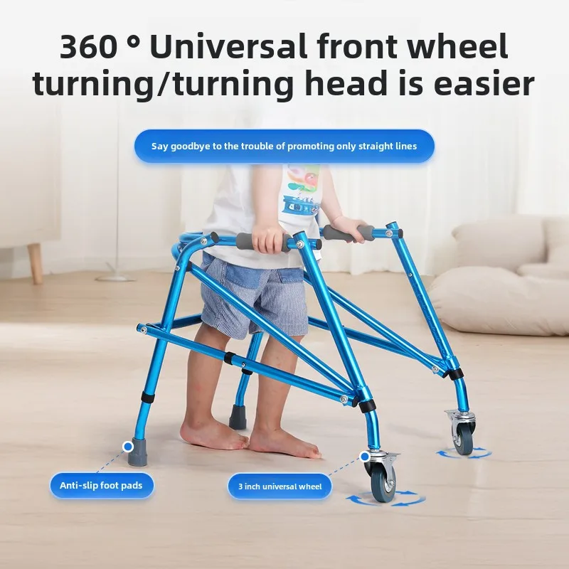 Foldable Children's Walker with Wheels Aluminum Alloy Walker Lower Limb Training Standing Four Wheeled Mobility Scooter