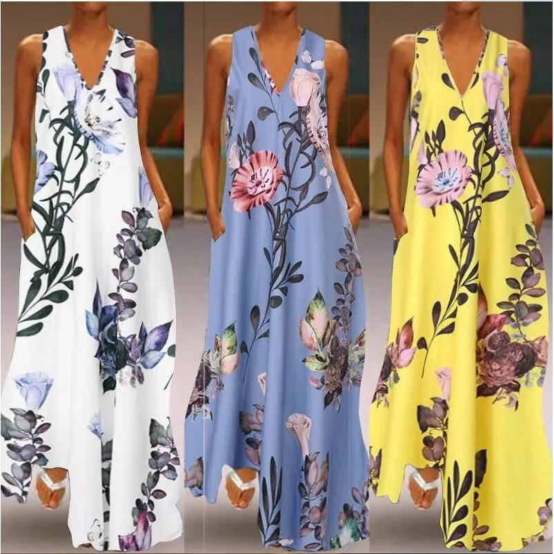 

Big Size Maxi Dresses Women Floral Printed Long Dresses Summer Sleeveless V-neck A-line Pocket Dress Streetwear White New