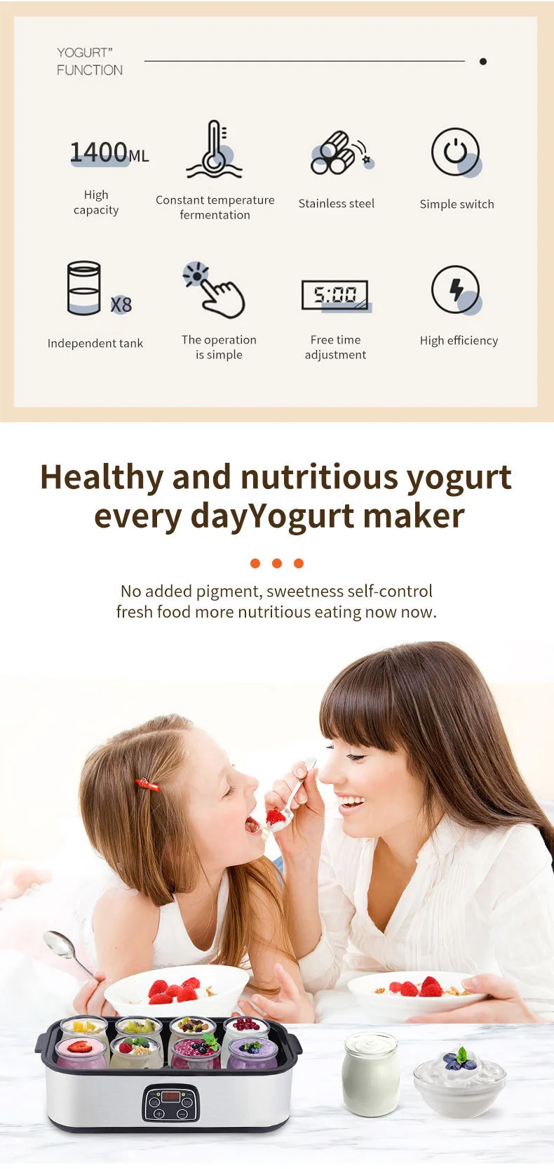 Description Picture 3 of item110V/220V Automatic Yogurt Maker Adjustable Temperature Time Yogurt Maker Professional Ice Cream Pudding Maker with 8 Yogurt Jar