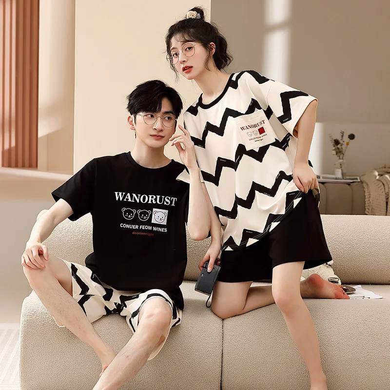 2023 Summer Couple Pajamas Set New Cartoon Loose Cotton Nightwear Mujer Casual Home Suit Sweet Sleepwear For Women Men new pajamas couple cartoon bear cute pajama pants suit student fashion loose home clothes nightcloth sleepwear for women men