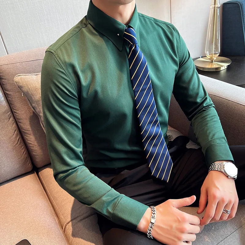 

Men Basic Standard-Fit Long Sleeve Dress Shirt Solid/striped Formal Business White Work Office Classic Male Shirt Plus Size 3XL