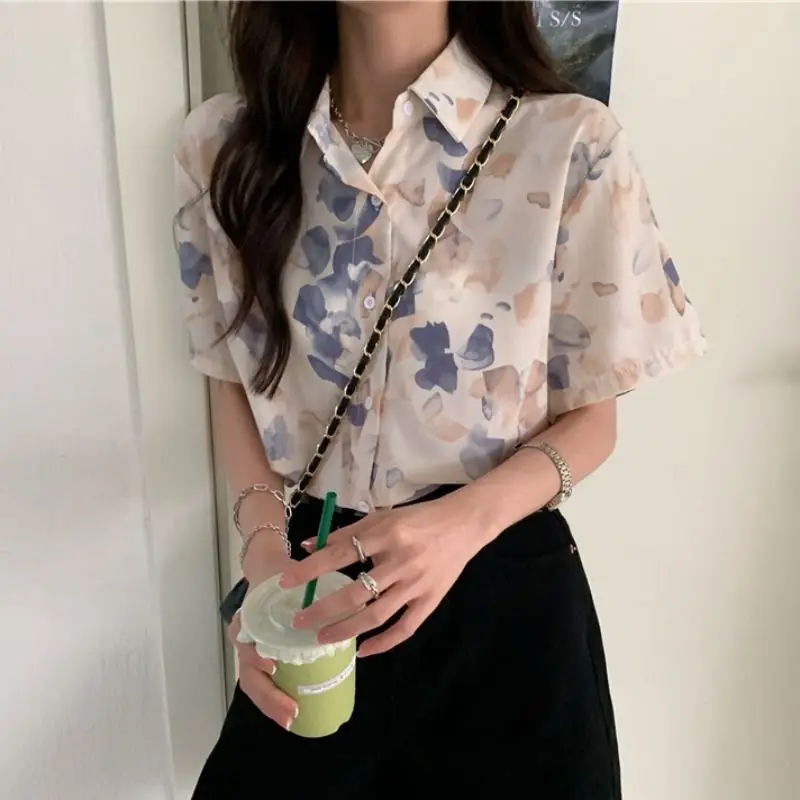 여성 프린트 폴로 칼라 반팔 블라우스, 슬림핏 여성 의류, 루즈한 올매치 캐주얼 상의, 하라주쿠, 우아한 패션, 여름
