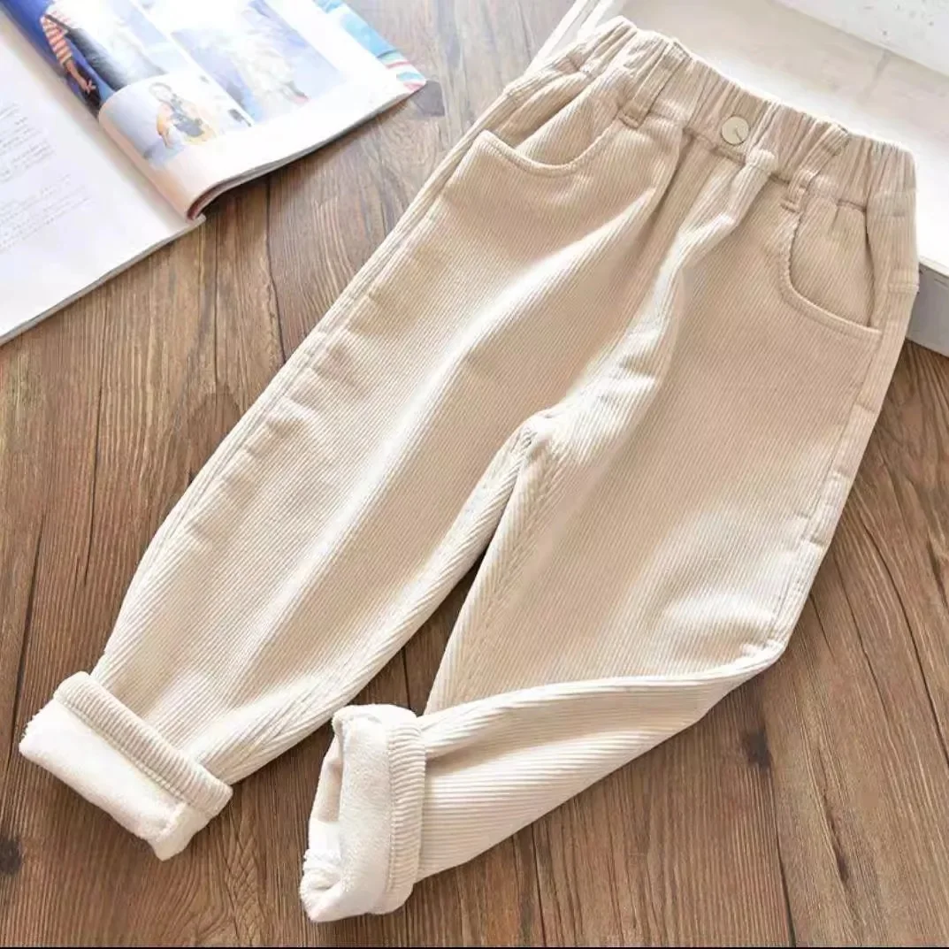 One button corduroy fleece-lined pants beige