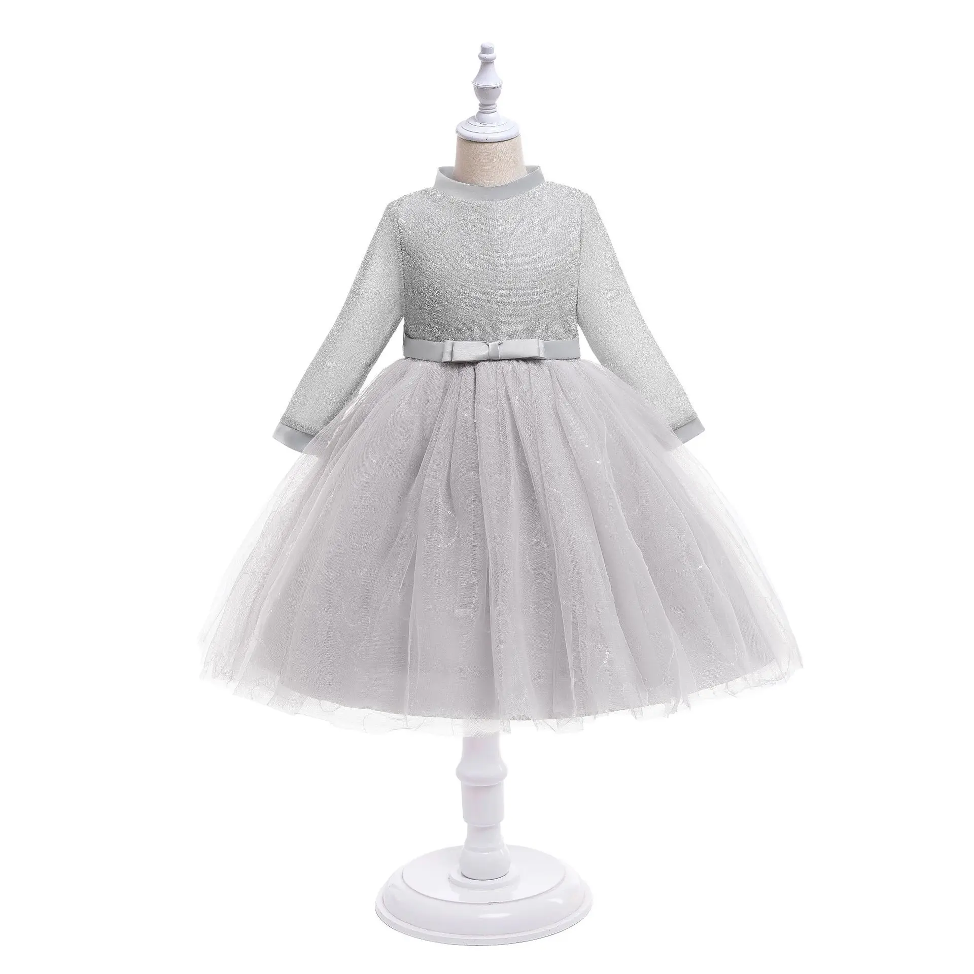ELBCOS 4-14T Kid Solid Silvery Color Collarless Long Sleeve Small Bow Organza Piano Costumes Evening Full Dress