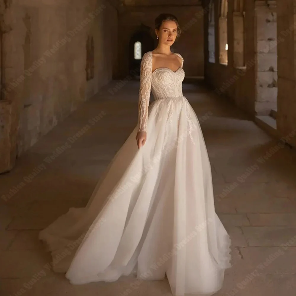 Long Sleeves Women Wedding Dresses Sweetheart Collar Bride Gowns Wedding Dress Hems Mopping Length Vestidos Customized