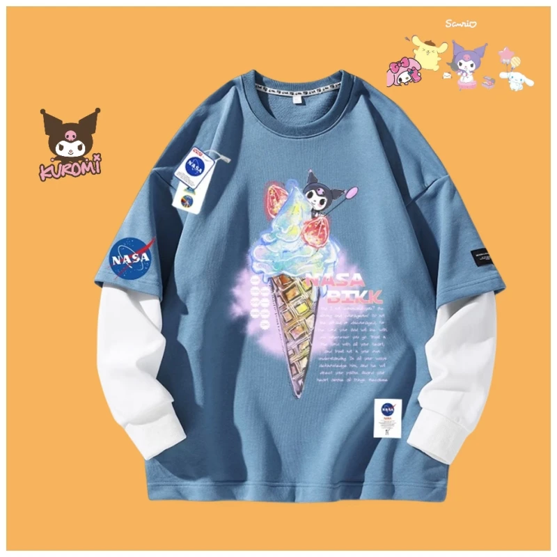 

PINK Kawaii Sanrioed Cartoon Round Neck Couple Sweatshirt My Melody Kuromi Anime Casual Clothing Overlapping Perforation Girl
