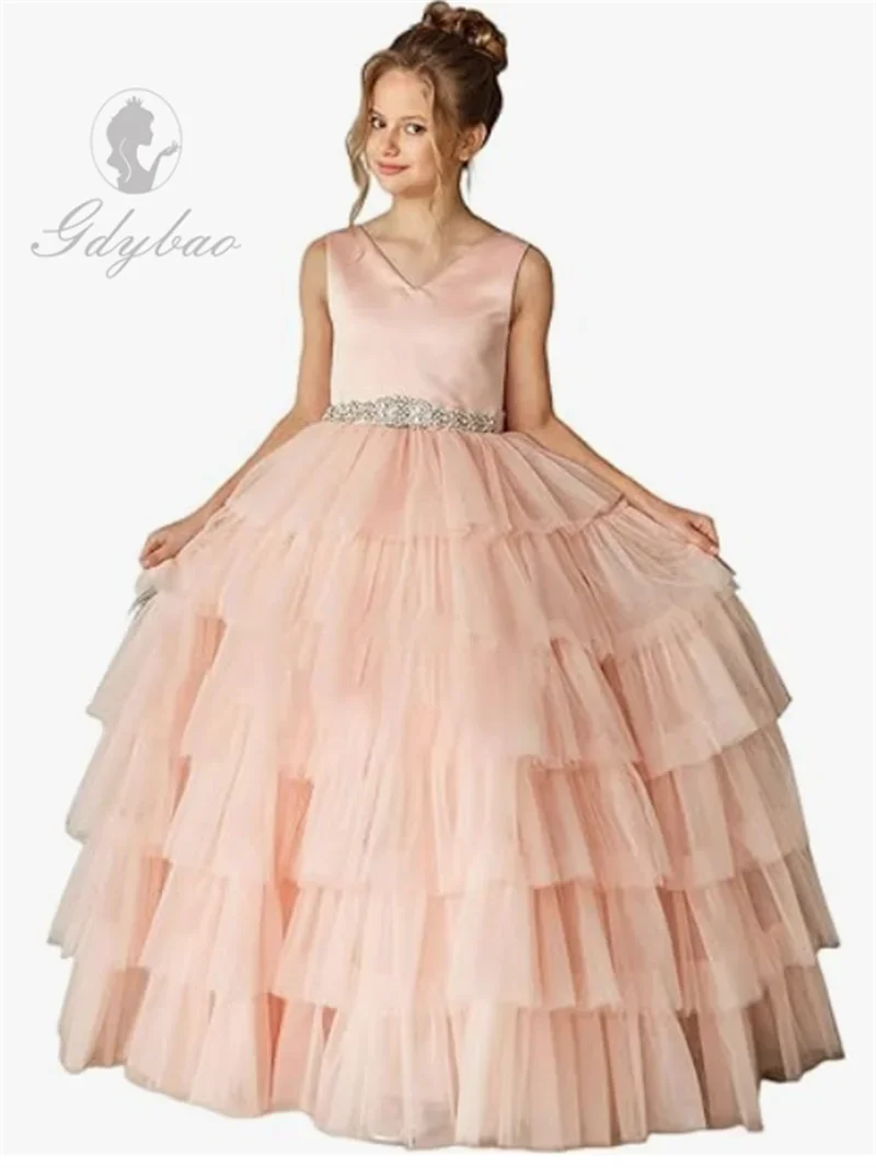 

Uzqast Layered Tulle Flower Girl Dresses Satin Communion Party Princess Wedding Pageant Ball Gown Dress with Rhinestones Belt