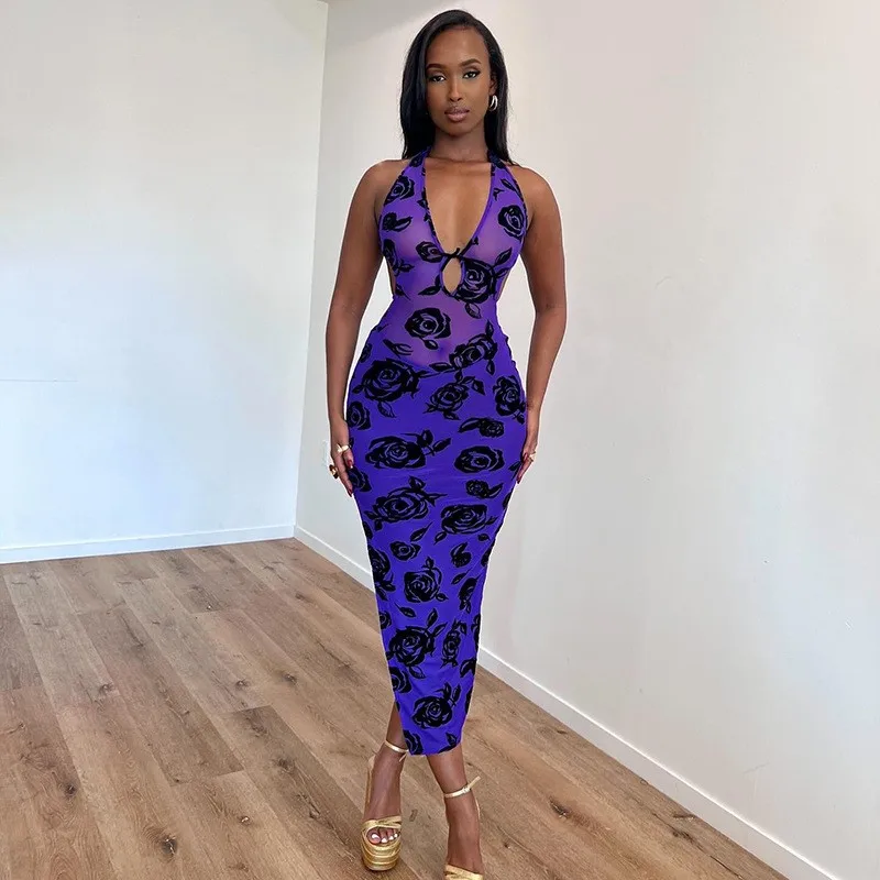 

Женское пляжное платье, парео, кафтаны для выхода в ванную комнату, летнее Новое Сетчатое лоскутное платье с принтом роз, без рукавов, с лямкой на шее, спандекс