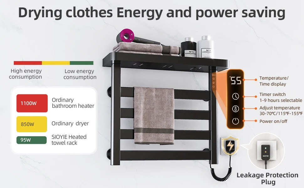 Description Picture 5 of itemSIOYIE Heated towel rack Electric towel rack with Timer Towel warmers with storage rack for bathrooms Wall-Mounted Black G50