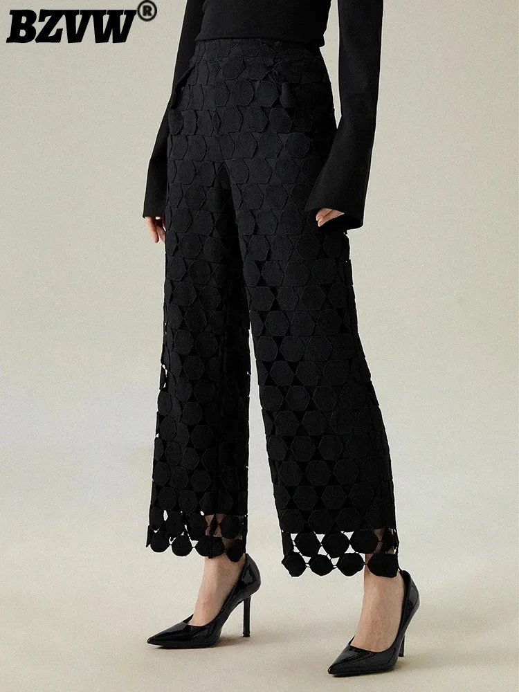 

BZVW Designer Hollow Out Embroidery Black Wide Leg Pants Women's High Waist Tassel Black Trousers 2024 Summer New 26D8654